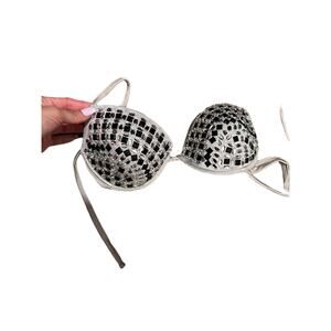 G&M Silver Black Sparkly Rhinestones Sequins Bra Cream L Size NWT